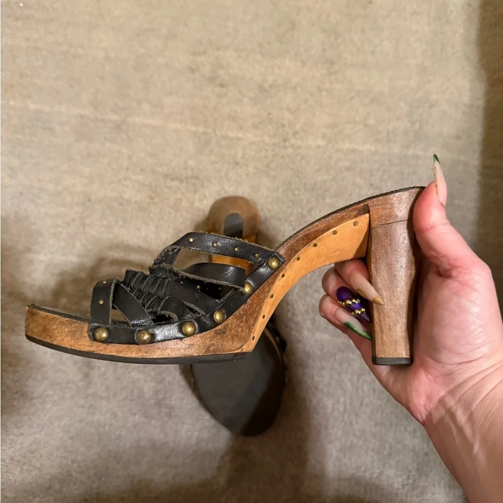 Frye Platform Leather & Wood Slide Sandals Women’s 7 Black Brown